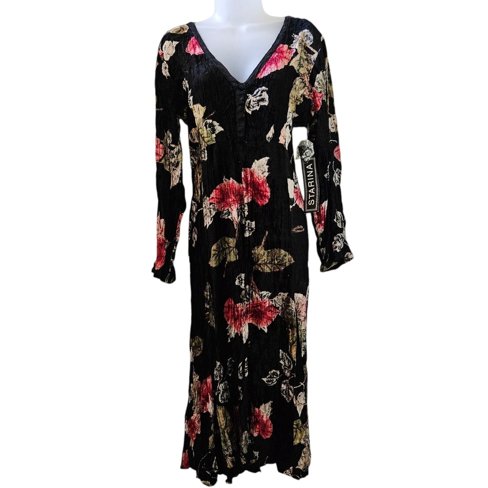 Starina Dress Women's sz M Black Floral NWT Velvet Tie Rayon Witchy Fairy Whimsi